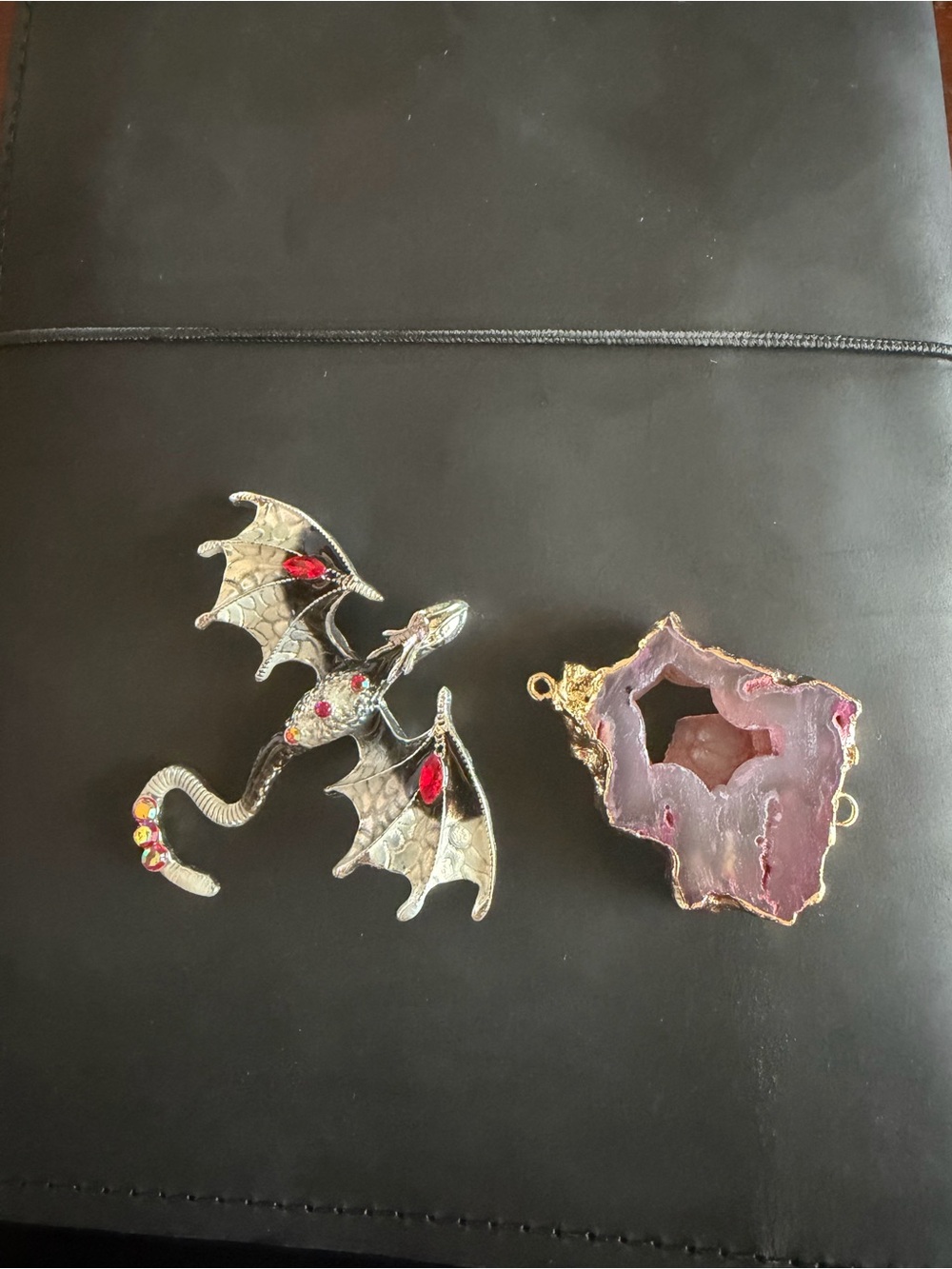 Silver Dragon Wing Charm and Pink Agate Geode Connector